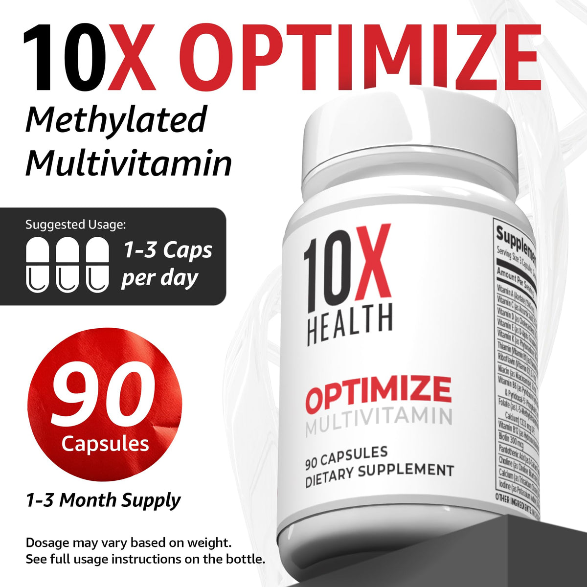 10X Health Methylated Multivitamin bottle with 90 capsules for optimal health. Suggested use: 1-3 caps daily.