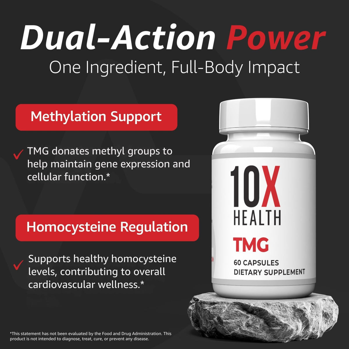 Premium imported 10X Health TMG Supplements, supports methylation and cardiovascular wellness with 60 capsules.