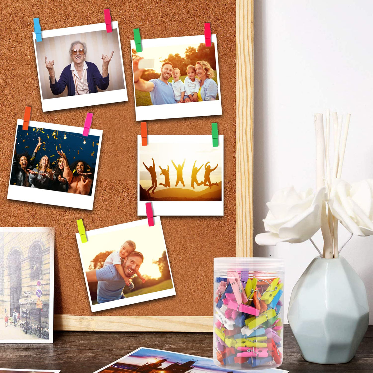 Premium imported colorful push pins with clips, perfect for displaying photos stylishly. Available at Curat Cart.