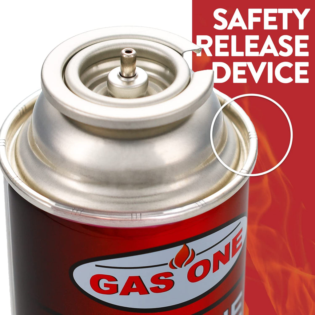 Butane fuel canisters for camping with a highlighted safety release device, exclusively at Curat Cart for your outdoor adventures.