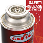 Butane fuel canisters for camping with a highlighted safety release device, exclusively at Curat Cart for your outdoor adventures.