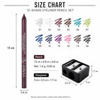High-quality waterproof color gel eyeliner pencils in a 12-shade set, available at Curat Cart for vibrant, long-lasting looks.