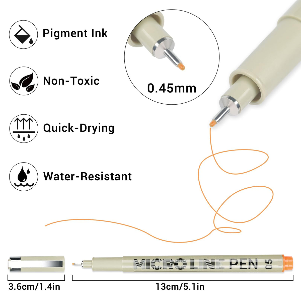 Colored Micro Pens Fineliner Set featuring 0.45mm tips, non-toxic and quick-drying ink. Available in India at Curat Cart.
