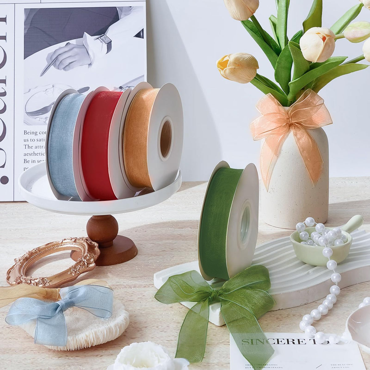 Explore the Organza Ribbon Set, featuring high-quality rolls in vibrant colors, elegantly displayed at Curat Cart.