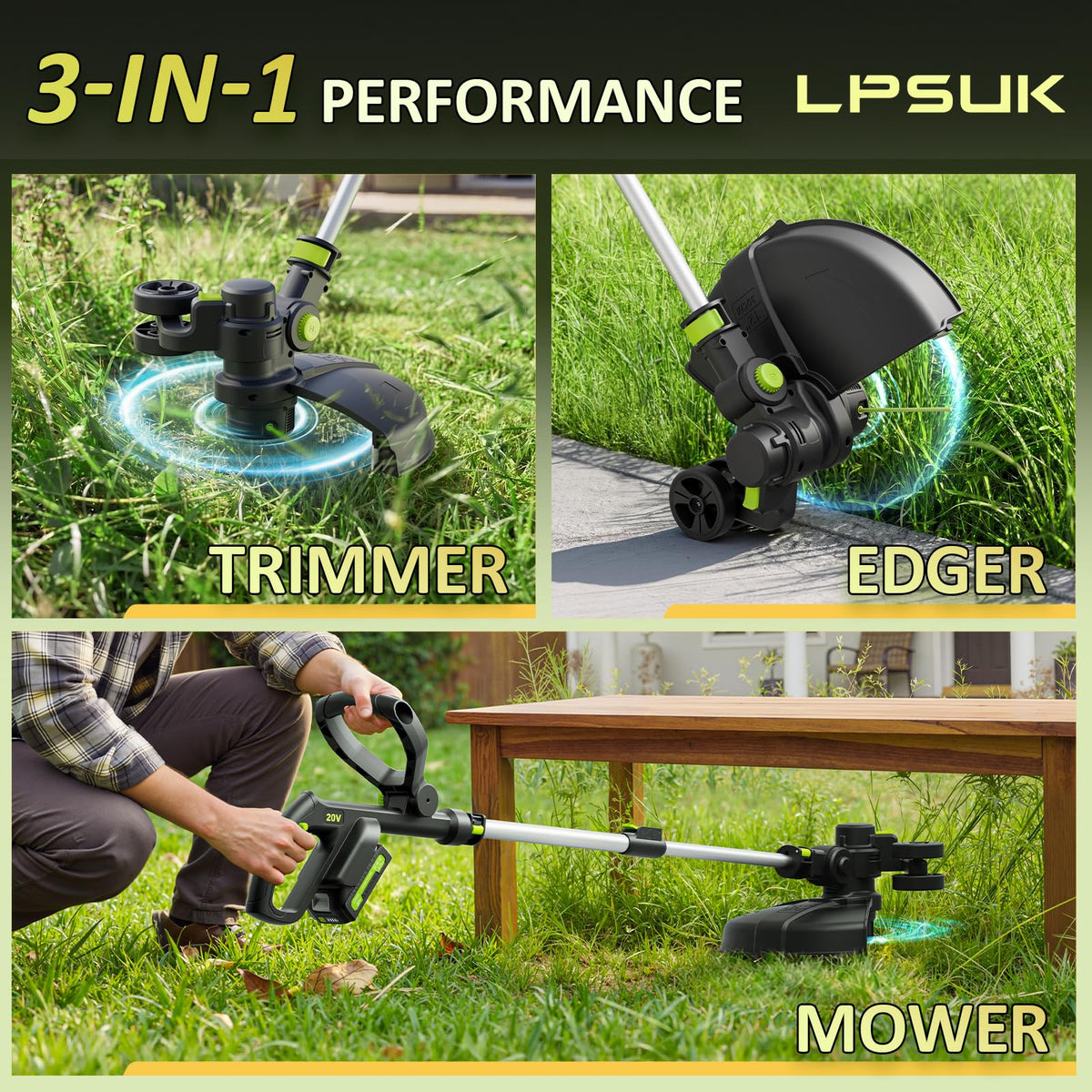 Cordless String Trimmer Edger in high-quality packaging, demonstrating 3-in-1 performance. Available at Curat Cart.