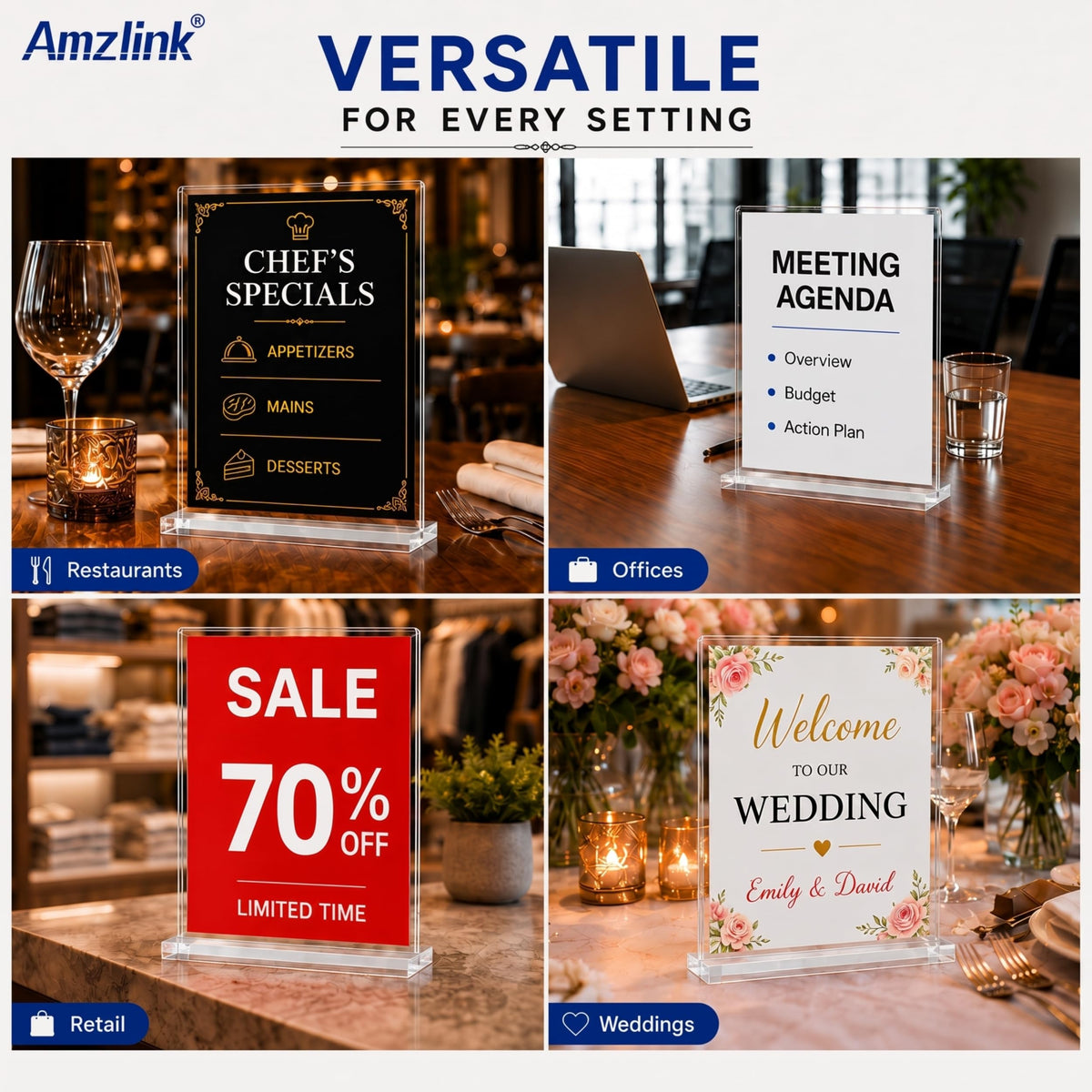 Enhance your marketing with the Acrylic Sign Holder Tabletop Display, ideal for restaurants, offices, and weddings. Available at Curat Cart.