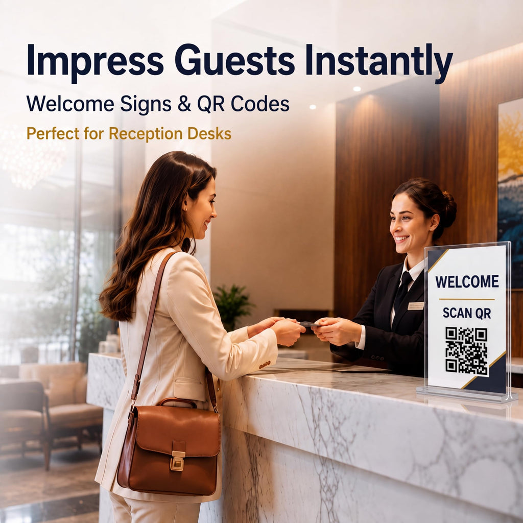 Premium imported acrylic sign holder tabletop display for reception desks, perfect for welcoming guests at Curat Cart.