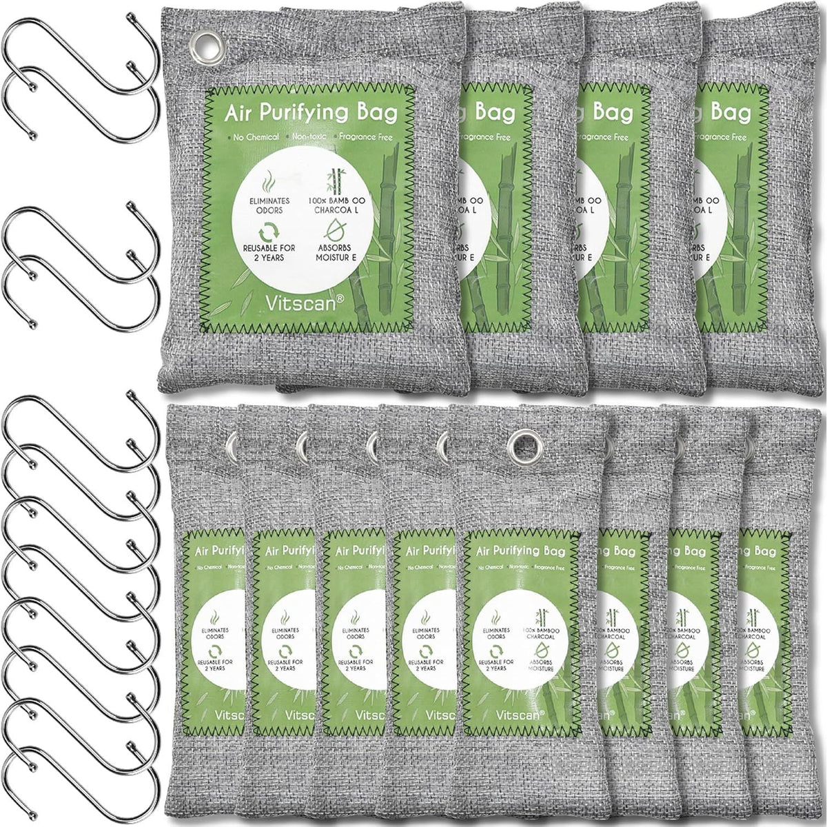 Premium imported bamboo air purifying bags, eco-friendly, reusable, ideal for freshening any space, set of 12.