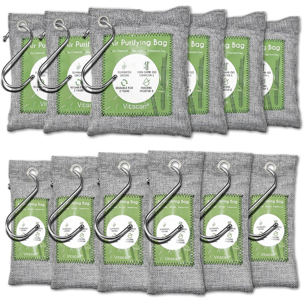 Official set of 12 bamboo air purifying bags with hooks, designed for natural air purification and freshness.