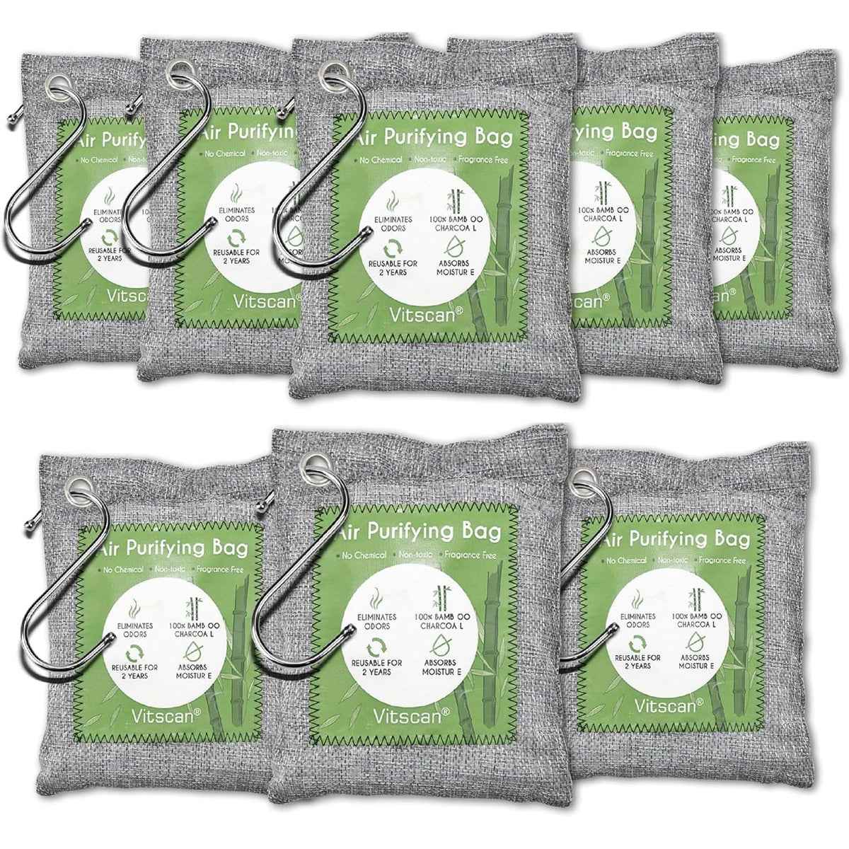 8 packs of 100% genuine bamboo air purifying bags, eco-friendly and chemical-free for fresh air.