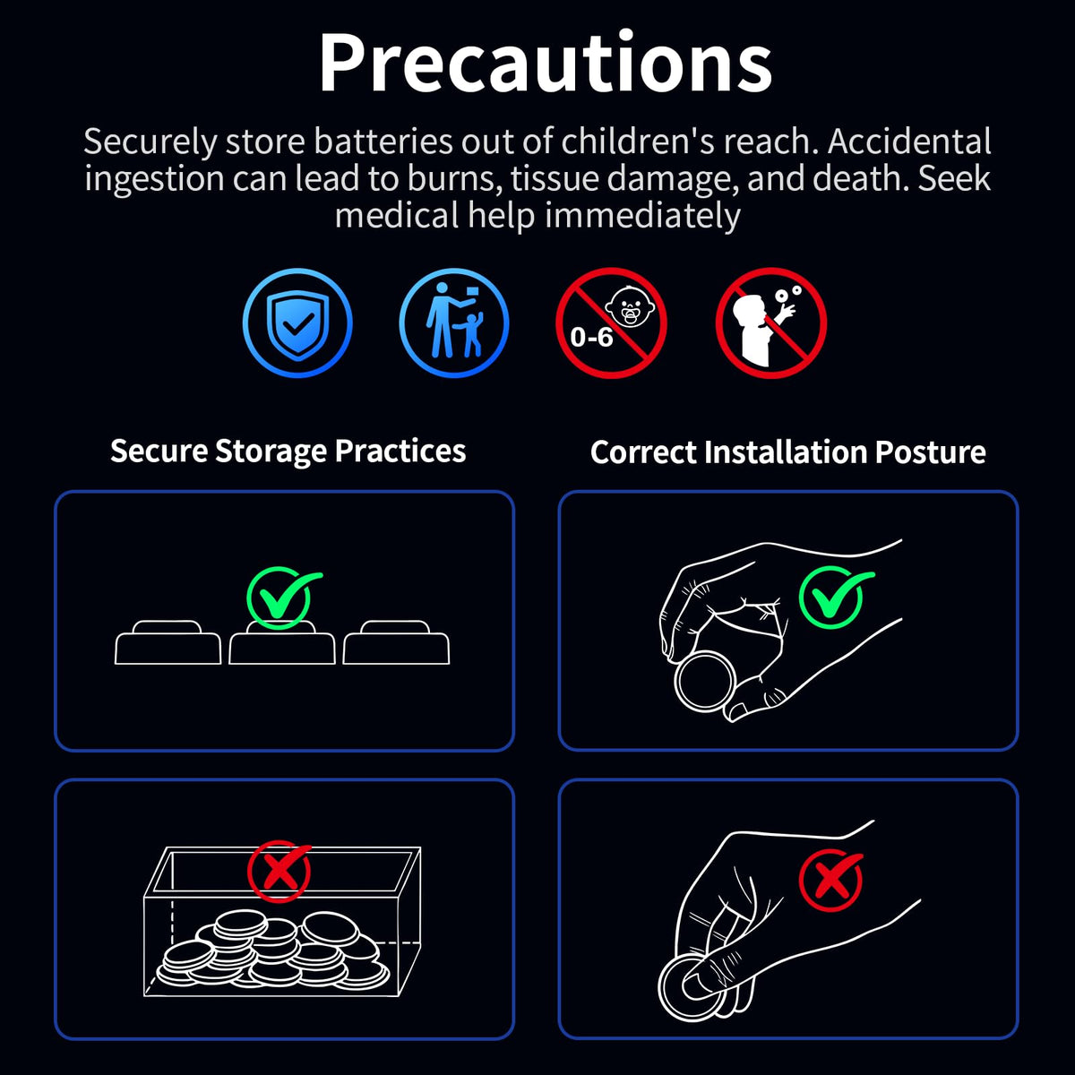 Essential safety precautions for LR41 AG3 Button Cell Batteries, emphasizing secure storage and proper handling. Available at Curat Cart.