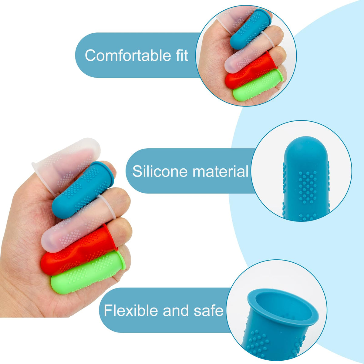 Silicone Hot Glue Gun Finger Caps in vibrant colors, showcasing flexible silicone material and comfortable fit. Available at Curat Cart.