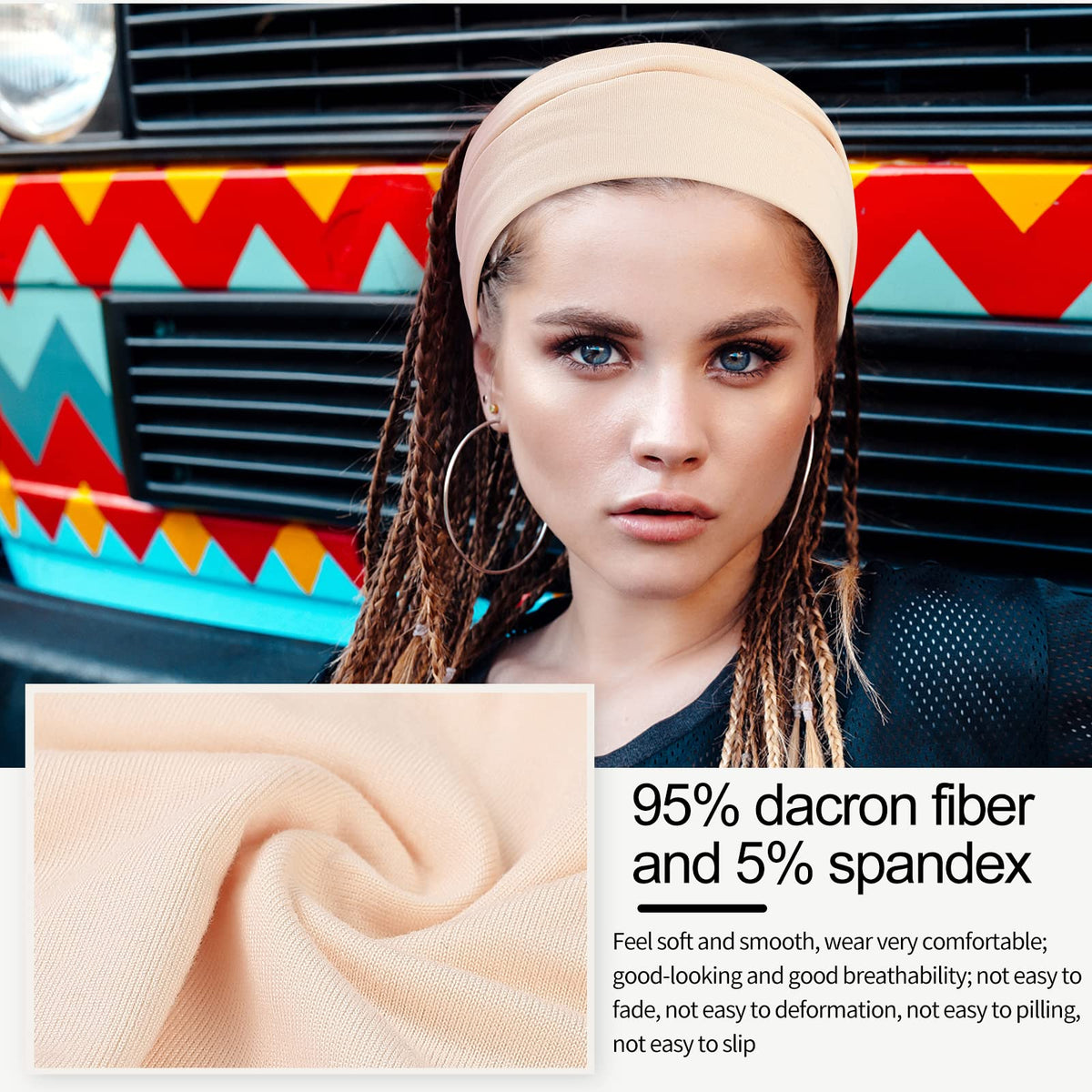 Premium stretchy headbands for women crafted from 95% dacron fiber and 5% spandex, ensuring comfort and durability. Available at Curat Cart.