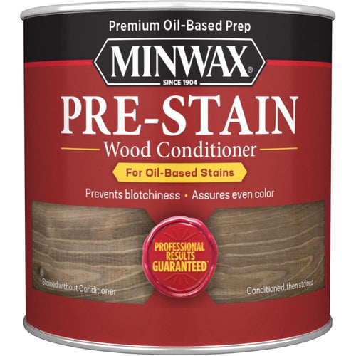 Minwax Clear Pre-Stain Conditioner can, authentic product for even wood stain application, prevents blotchiness and ensures color.