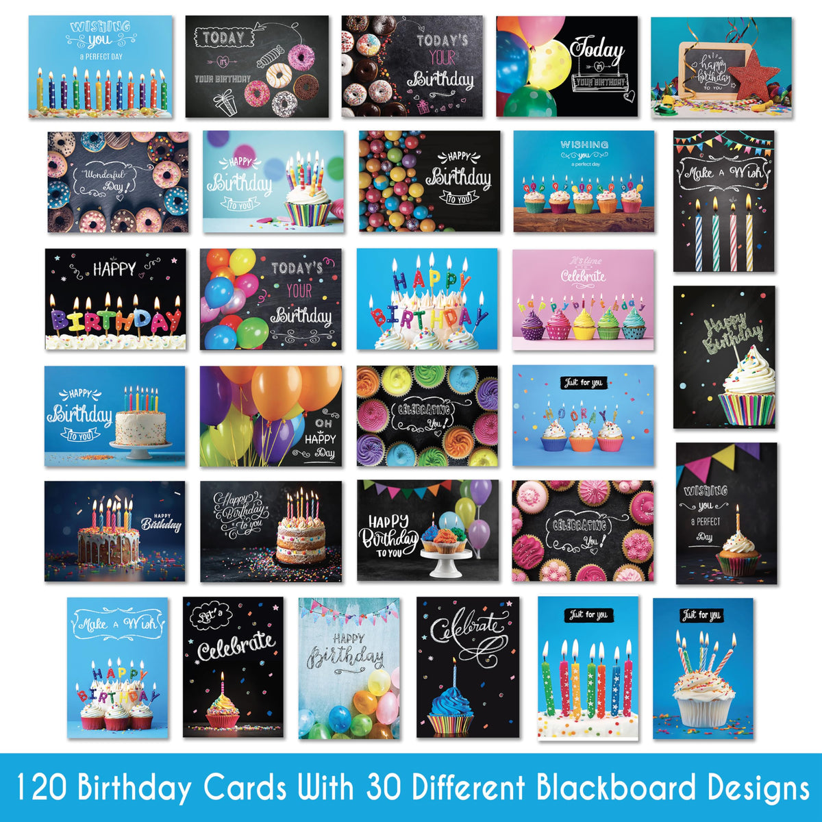 Celebrate with 120 Happy Birthday Cards in 30 unique blackboard designs. 100% Authentic, available at Curat Cart in India.
