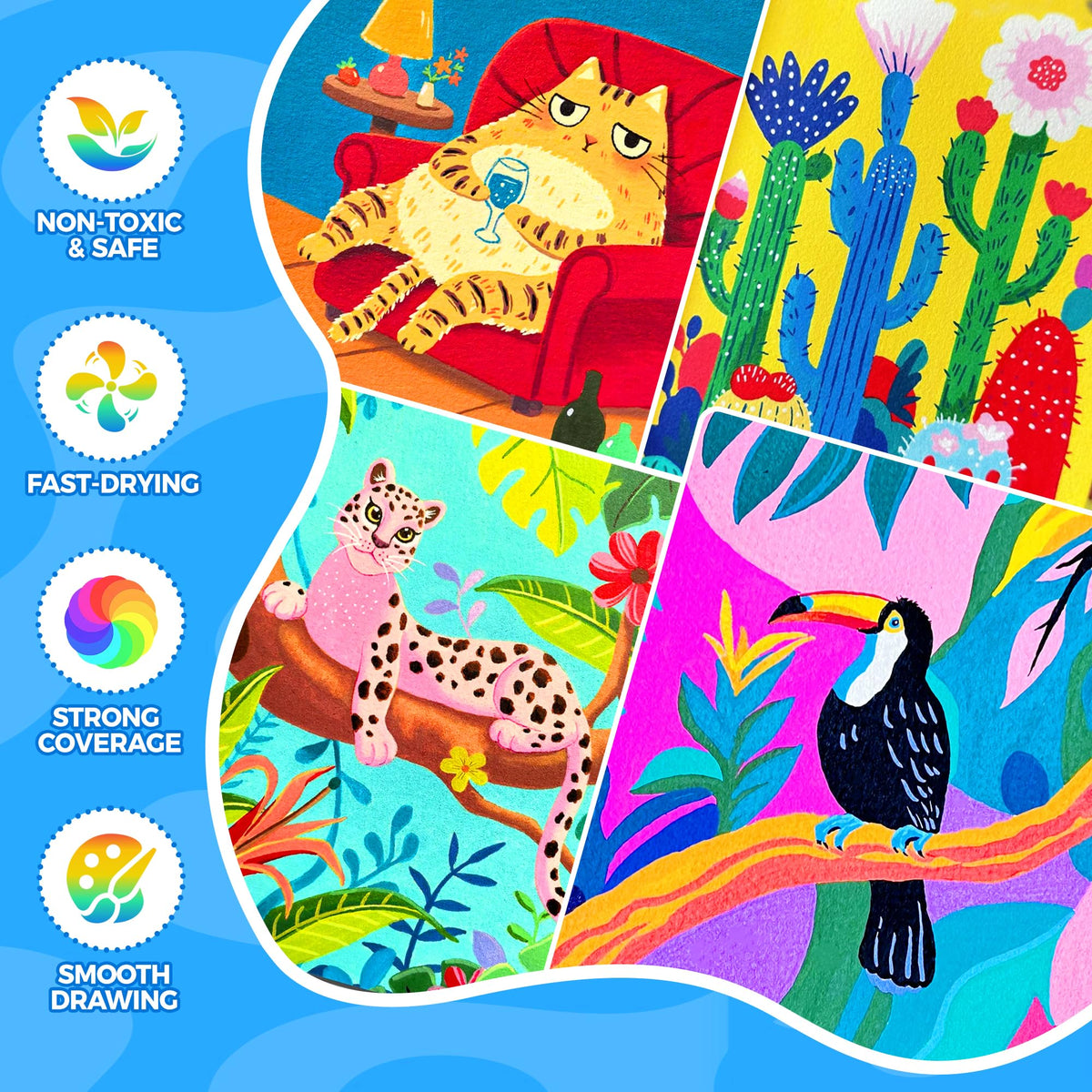 Explore the vibrant artwork samples showcasing the Acrylic Paint Markers Dual-Tip Brush, perfect for smooth drawing. Available at Curat Cart.