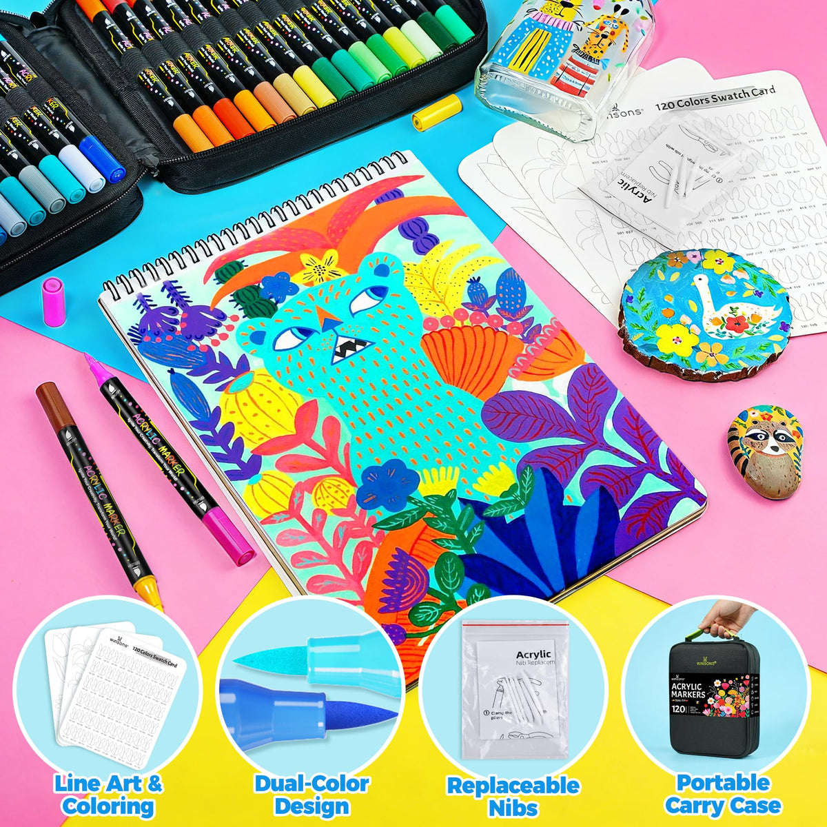 Acrylic Paint Markers Dual-Tip Brush enhance creativity with vibrant colors, perfect for art projects. Available at Curat Cart.