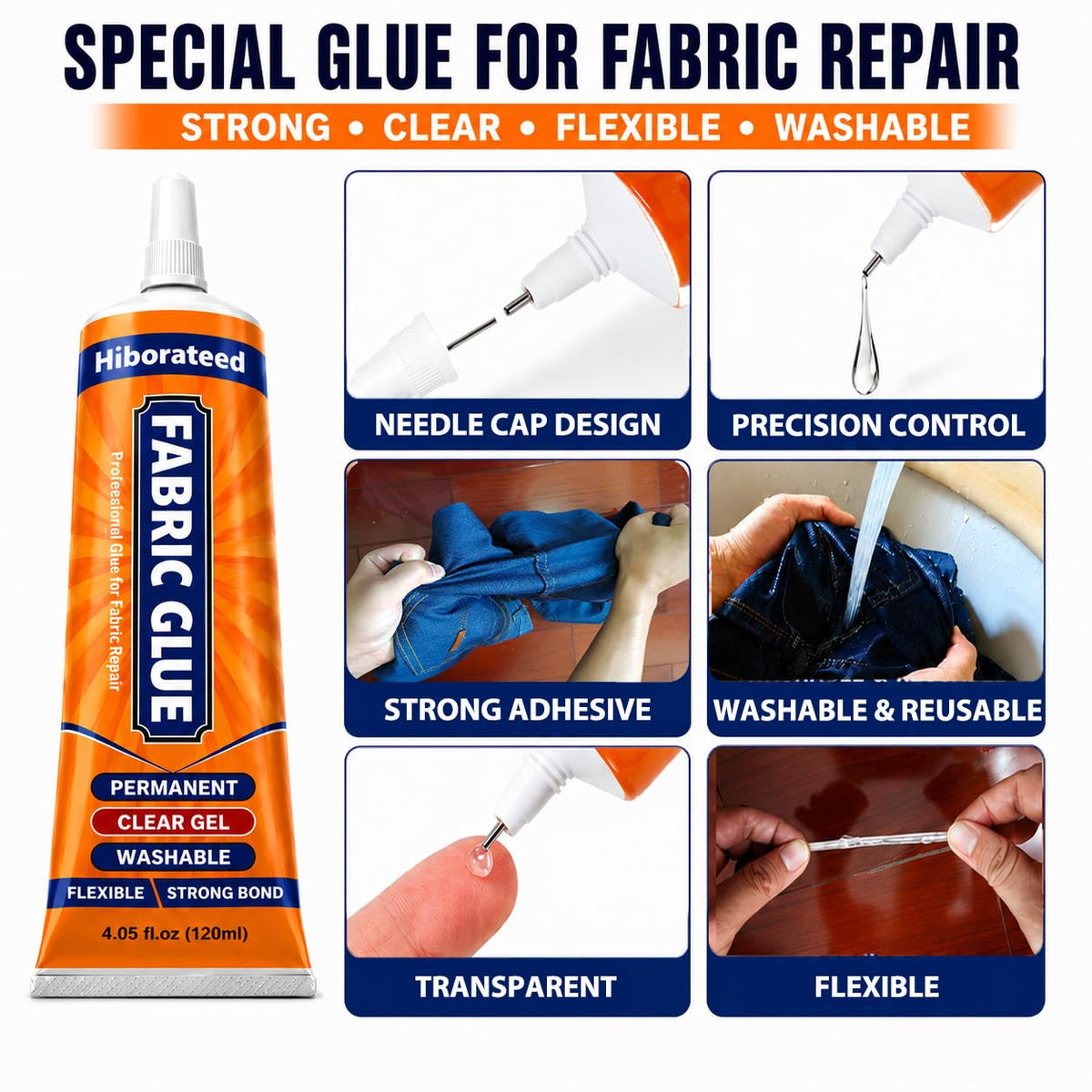 Permanent fabric glue for clothing repair in official packaging, offering a strong, clear, and flexible adhesive. Available at Curat Cart.