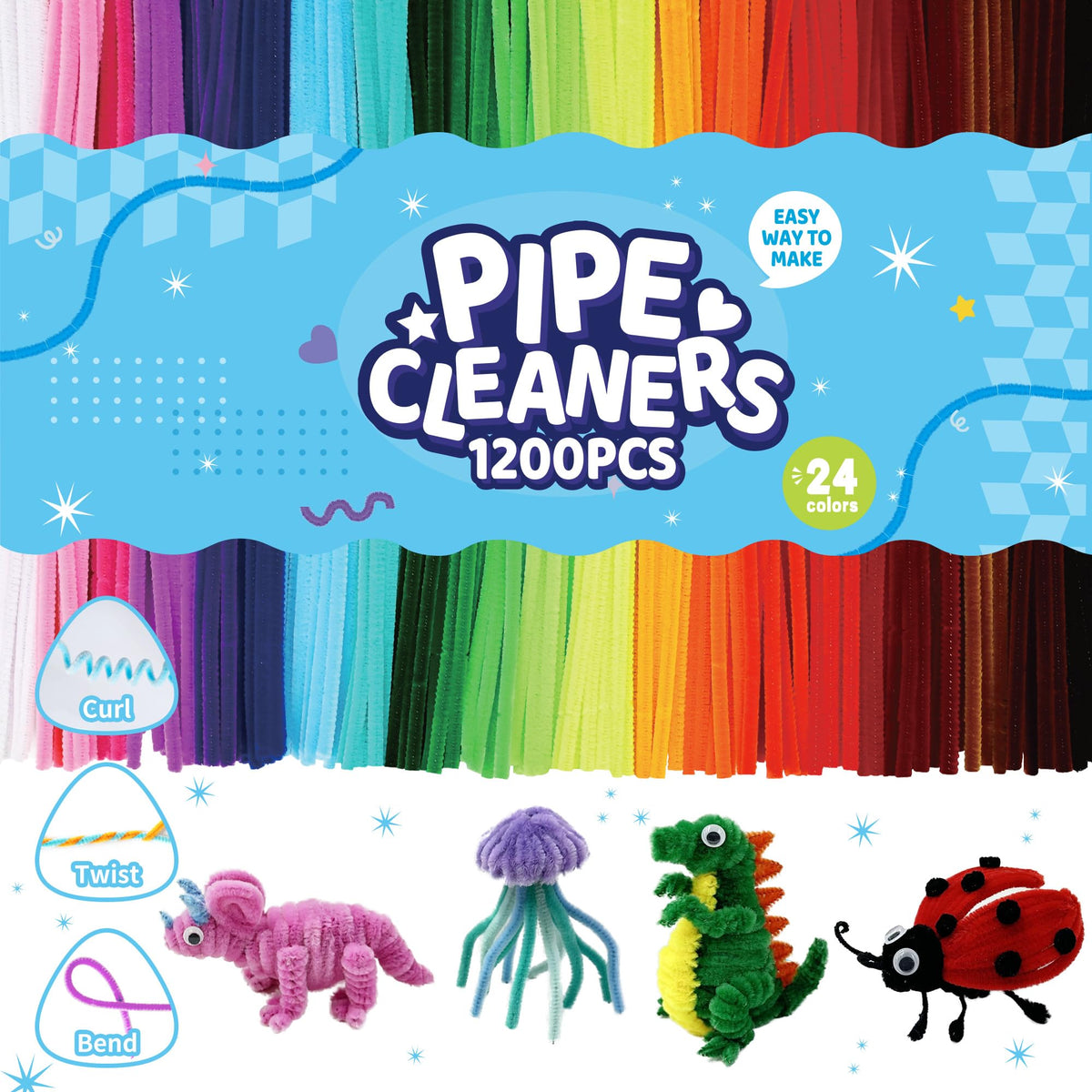 Premium imported Chenille Pipe Cleaners for crafts, featuring 1200 pieces in 24 vibrant colors. Available at Curat Cart.
