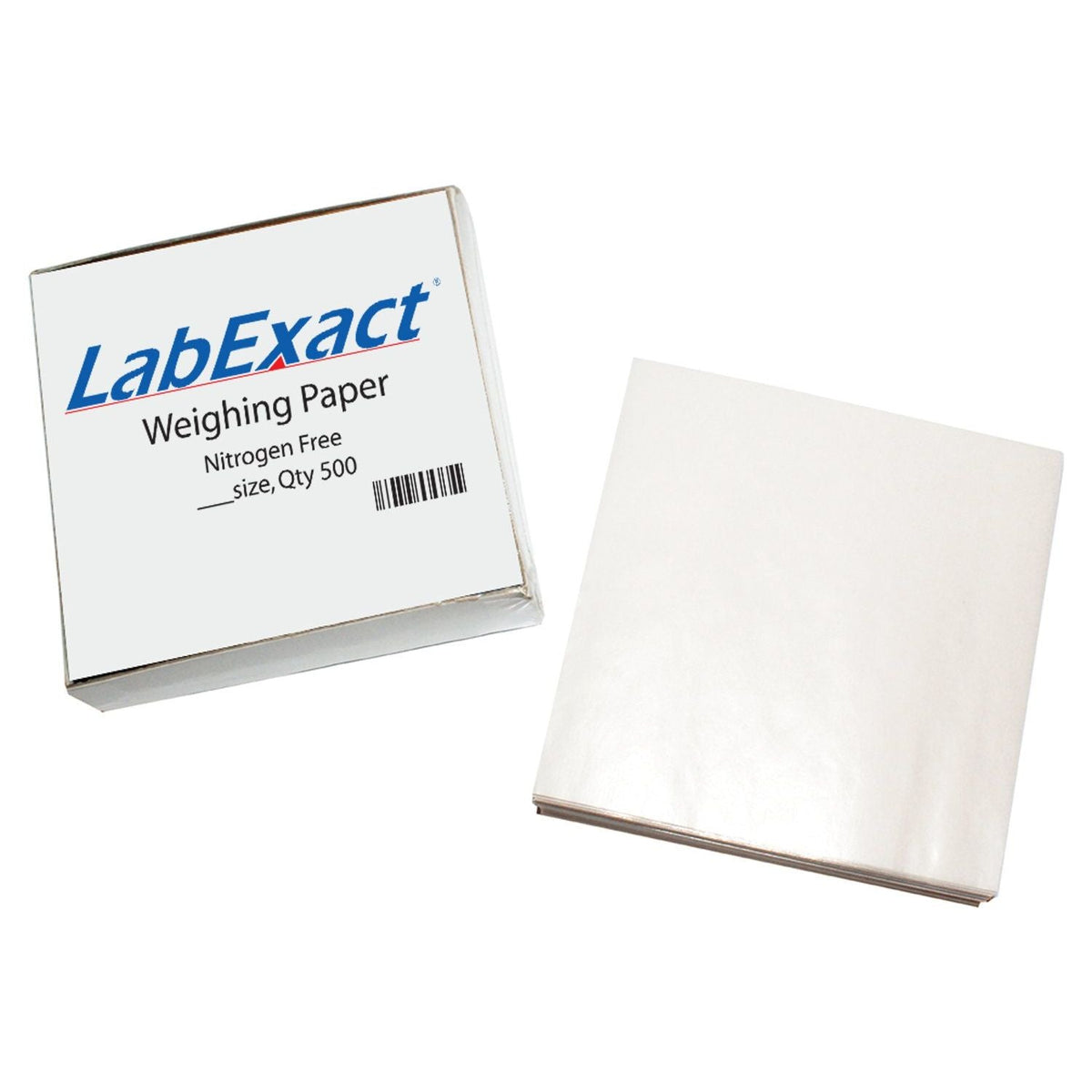 Authentic LabExact weighing paper, nitrogen-free, in a box of 500 sheets for precise measurements. Perfect for labs.