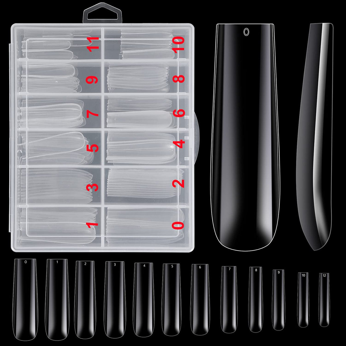 Premium imported extra long nail tips in a clear case, perfect for stylish nail art and extensions.