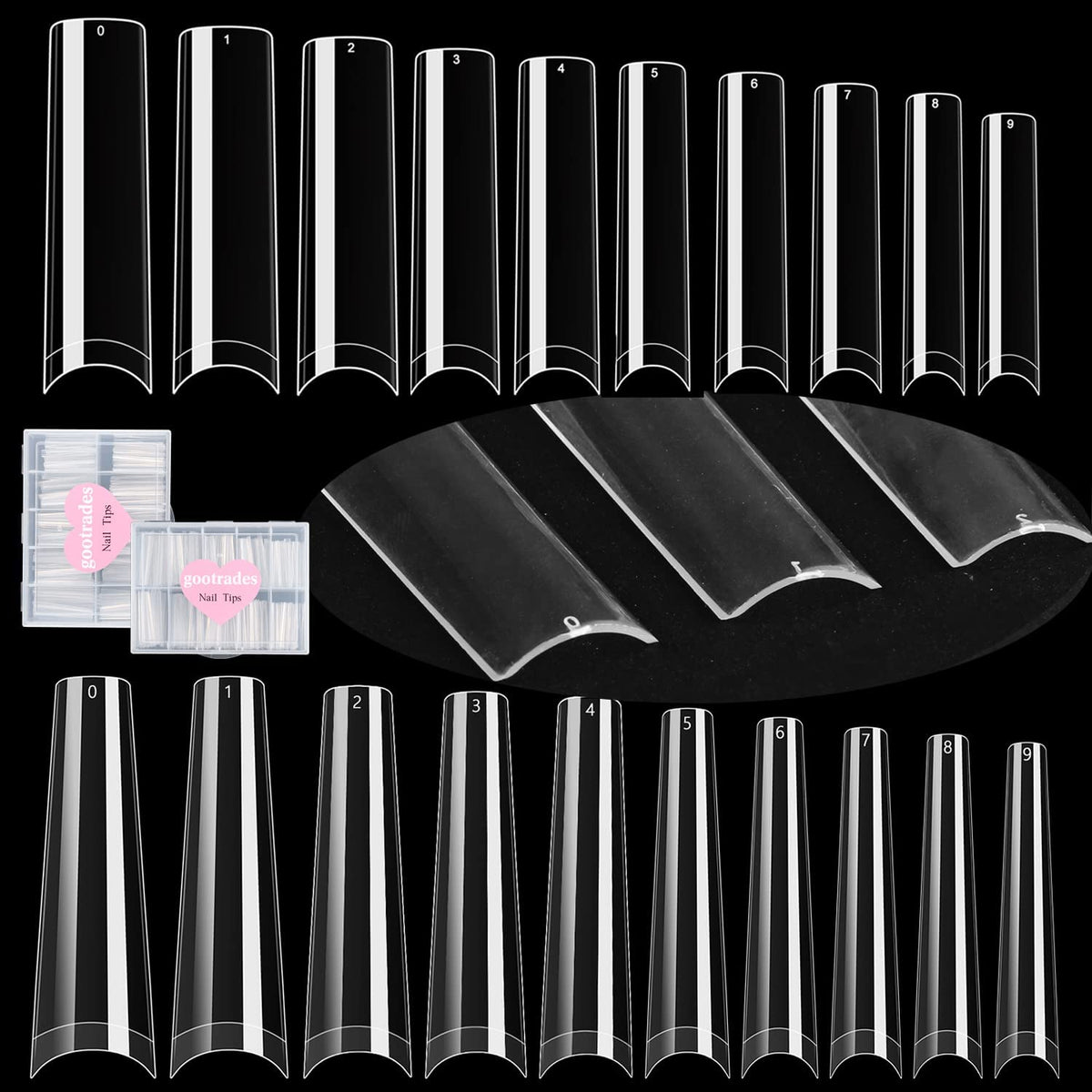 High-quality extra long nail tips in various sizes, neatly organized in a transparent case for easy selection.
