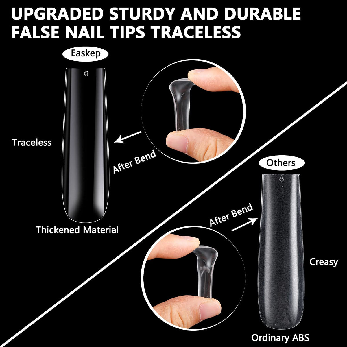 Showcasing upgraded sturdy extra long nail tips, highlighting durability and flexibility against ordinary options. Perfect for nail art.