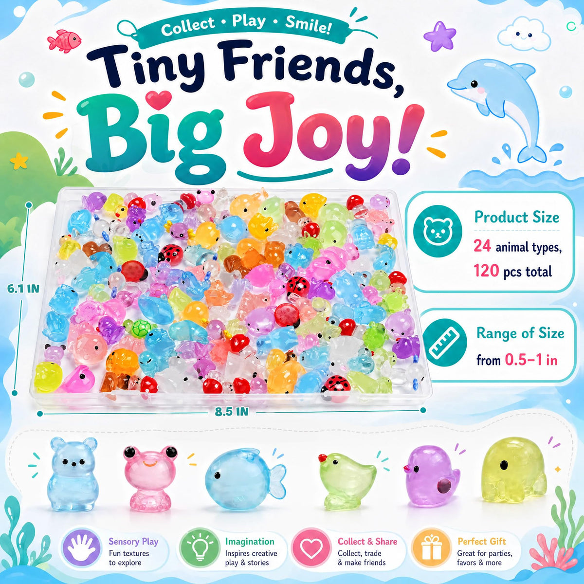 Colorful mini resin animals figures packed in an official tray by Curat Cart, perfect for sensory play and creative activities.