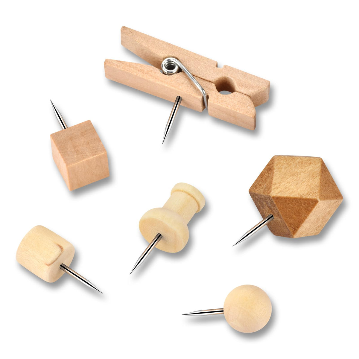 Discover high-quality wood push pins thumb tacks in assorted shapes, perfect for stylish organization. Available at Curat Cart.