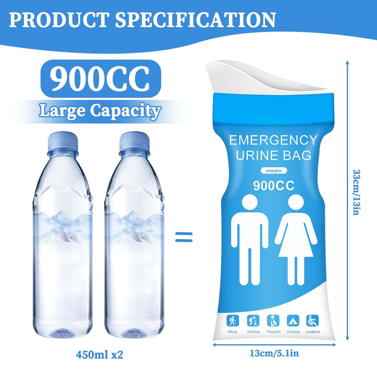 High-quality disposable urine bags for travel, featuring a large 900CC capacity. Available at Curat Cart.
