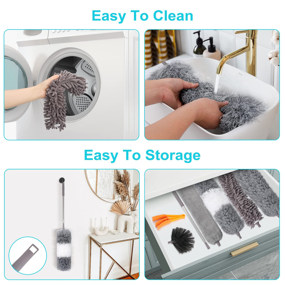 Microfiber dusters with extension pole from Curat Cart, perfect for easy cleaning and storage in daily routines.