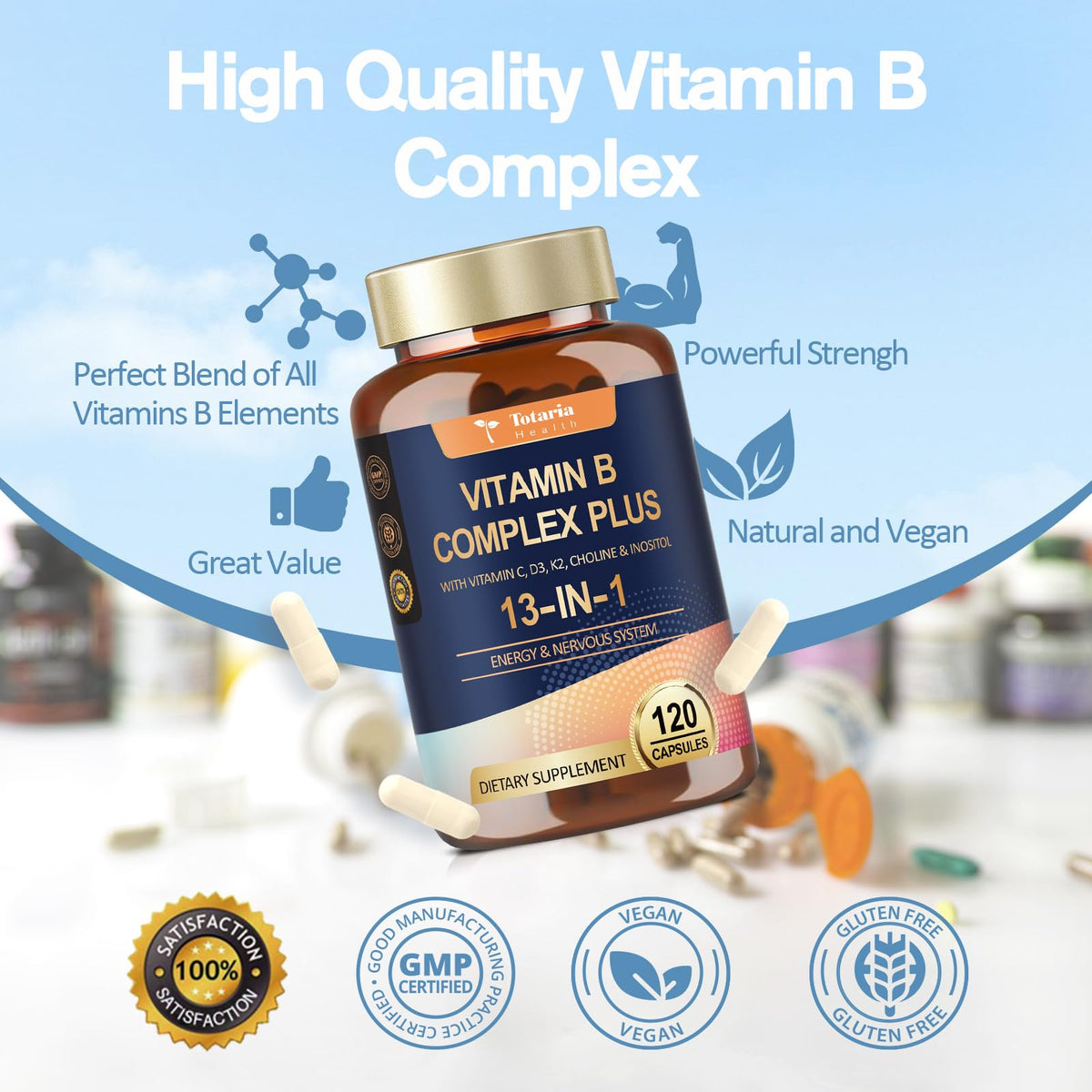 Discover the power of Vitamin B Complex Plus, a 13-in-1 dietary supplement, vegan and GMP certified for optimal energy.