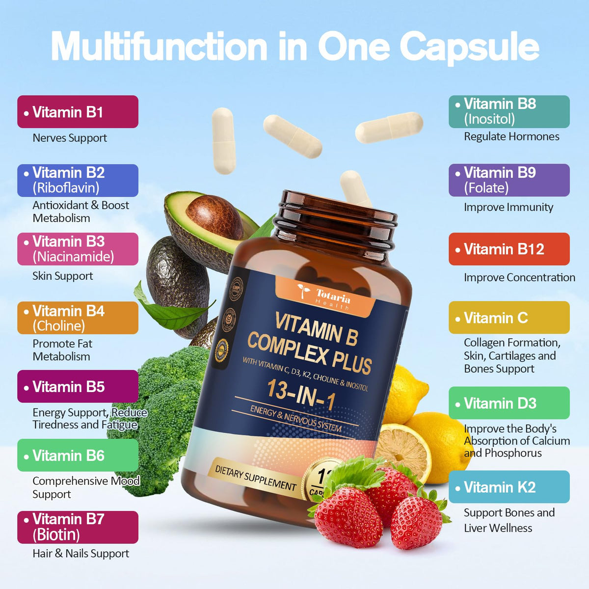 Premium imported Vitamin B Complex Plus offers 13 essential nutrients for energy support and overall health.