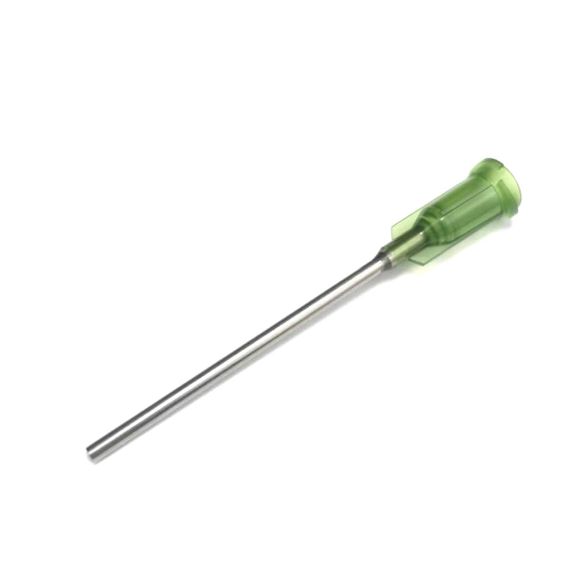 100% genuine industrial blunt tip dispensing needle with a durable green plastic hub for precise application.
