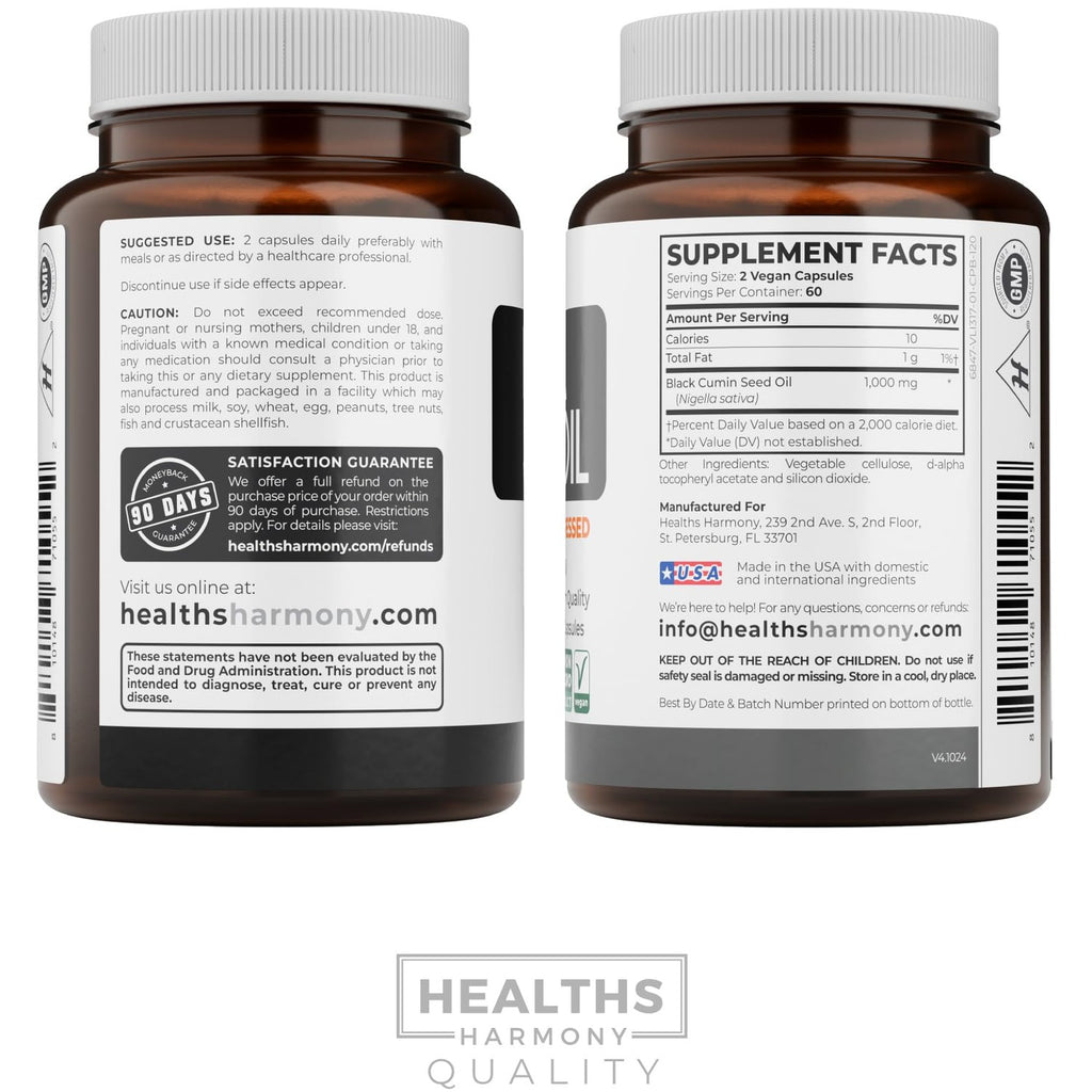 Black Seed Oil - 120 Softgel Capsules Skin Health (Non-GMO & Vegan) Cold-Pressed Nigella Sativa Producing Pure Black Cumin Seed Oil with Vitamin E - 500mg Each, 1000mg Per 2 Capsule Serving