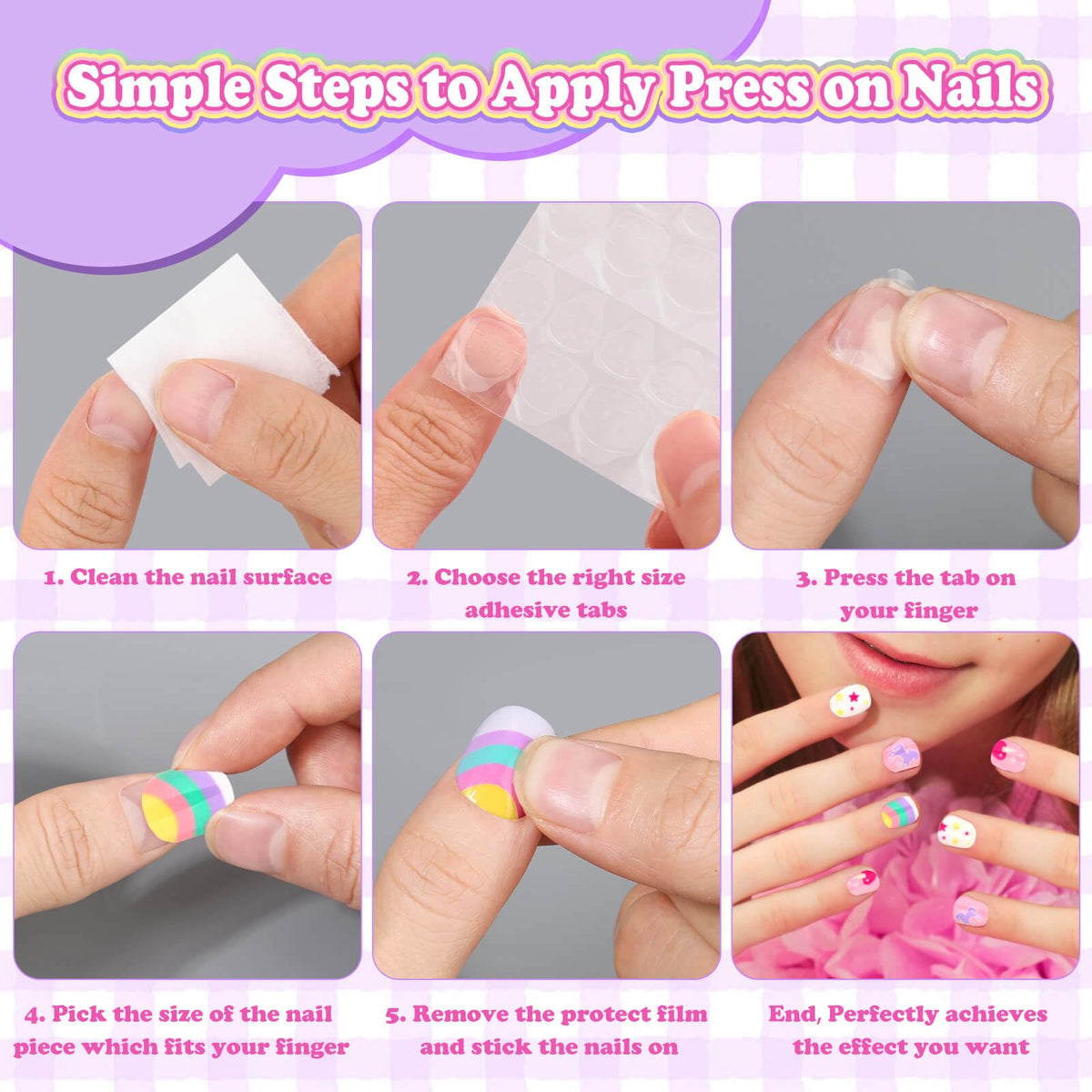 Discover exclusive Press on Nails for Kids, featuring simple application steps, specially curated by Curat Cart for fun nail art.