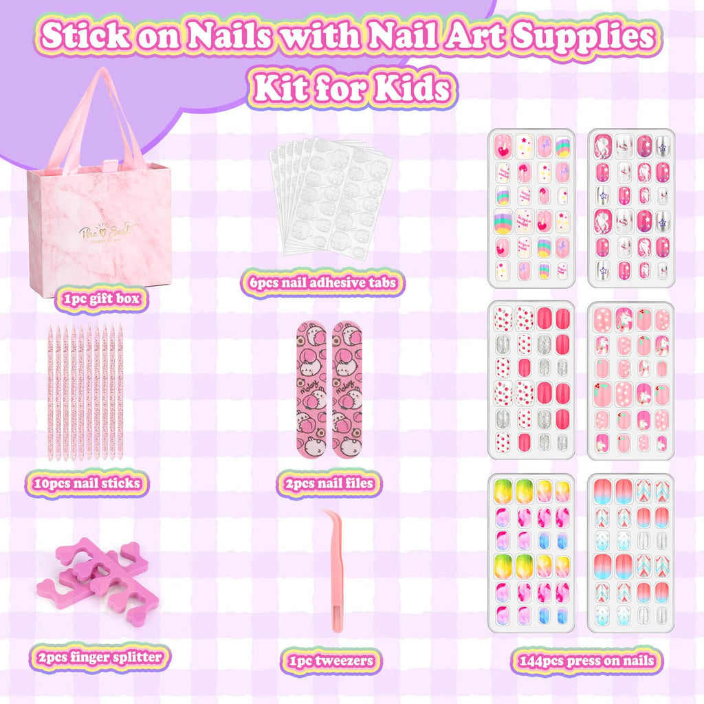 Colorful Press on Nails for Kids in official packaging from Curat Cart, featuring various designs and nail art supplies for creative fun.