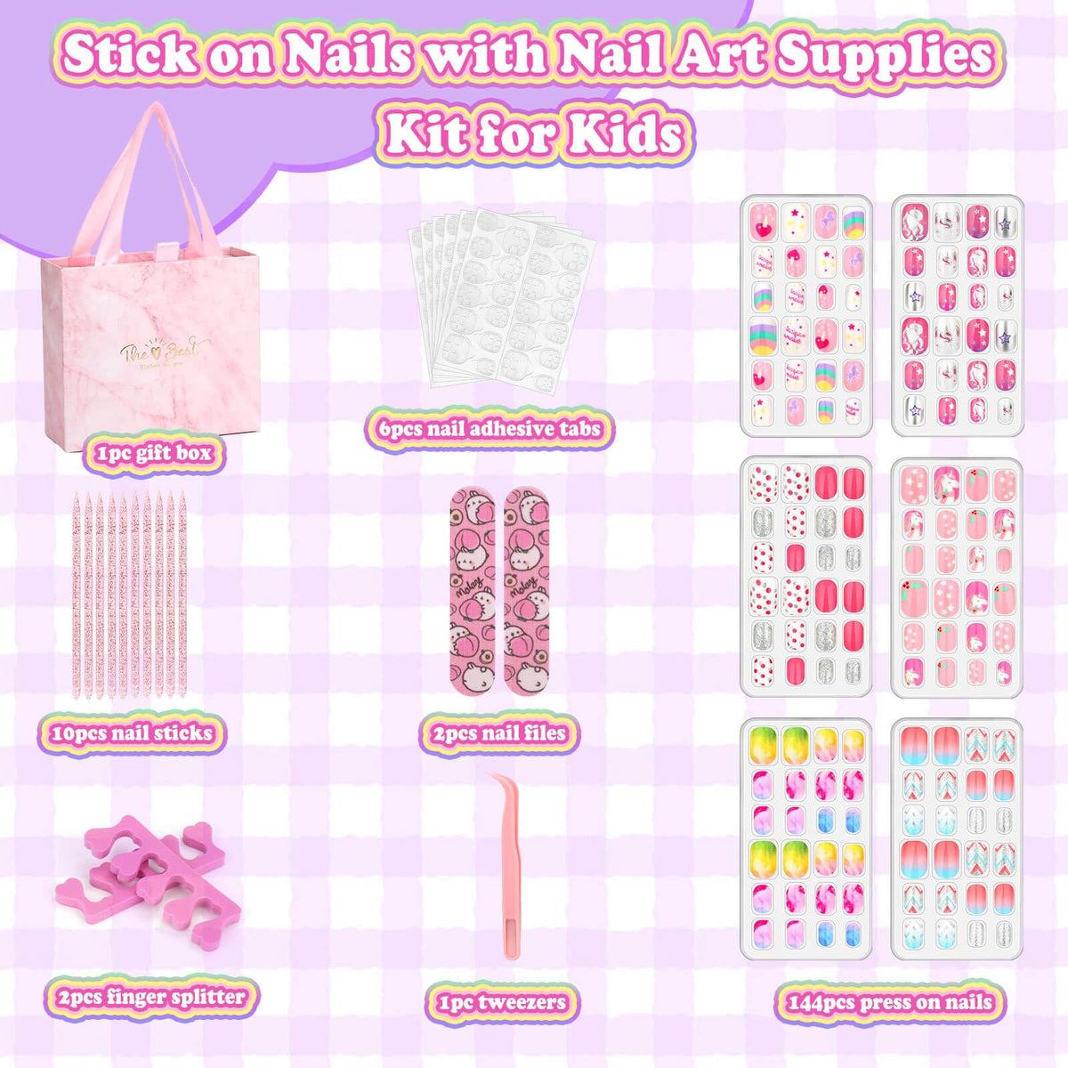 Colorful Press on Nails for Kids in official packaging from Curat Cart, featuring various designs and nail art supplies for creative fun.