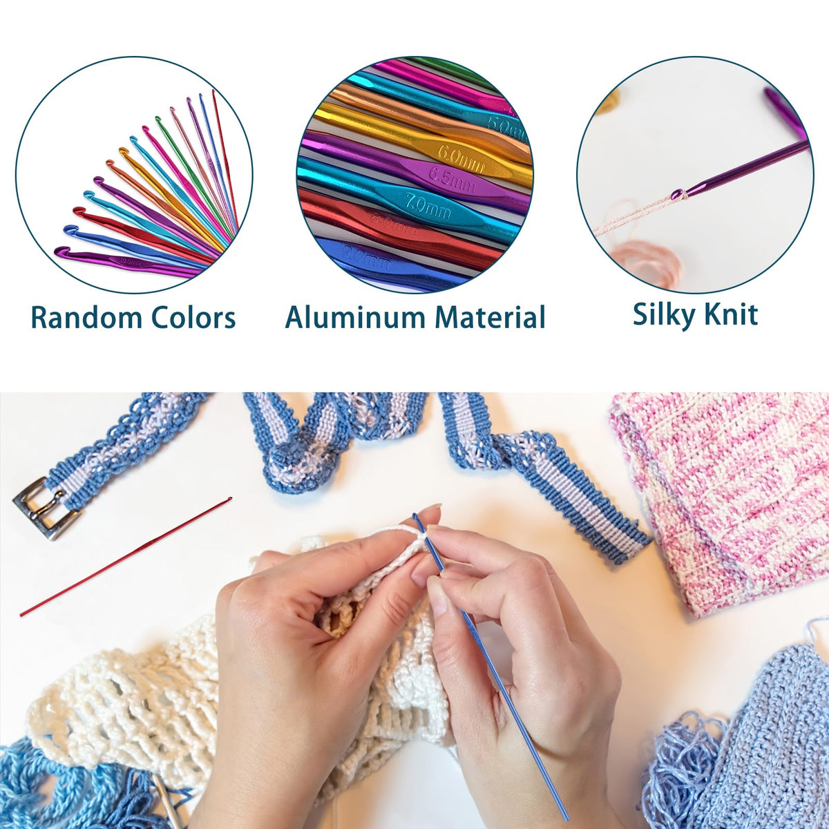 High-quality aluminum crochet hooks in random colors, perfect for silky knitting projects available at Curat Cart.