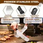 Premium stainless steel griddle accessories kit featuring a soltted spatula and long griddle spatula for efficient grilling. Available at Curat Cart.