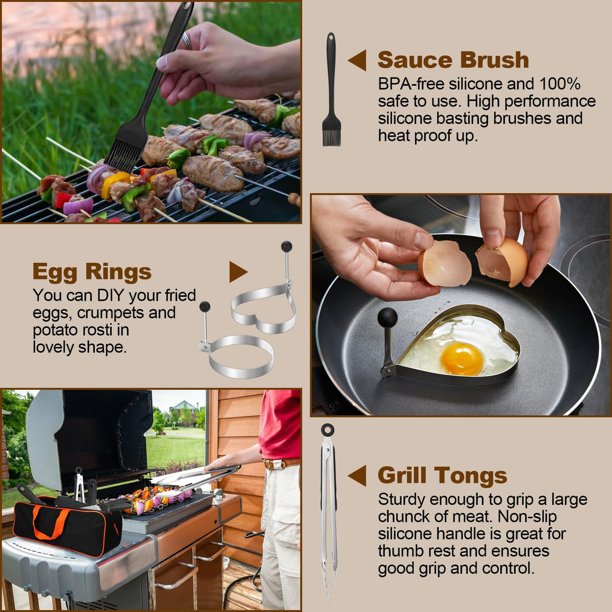Premium imported Griddle Accessories Kit for Grilling includes tongs, egg rings, and a sauce brush. Available at Curat Cart.
