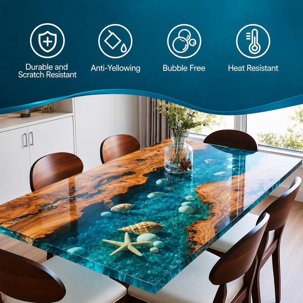 High-quality Deep Pour Epoxy Resin showcased on a stunning tabletop, ensuring durability and scratch resistance. Available at Curat Cart.