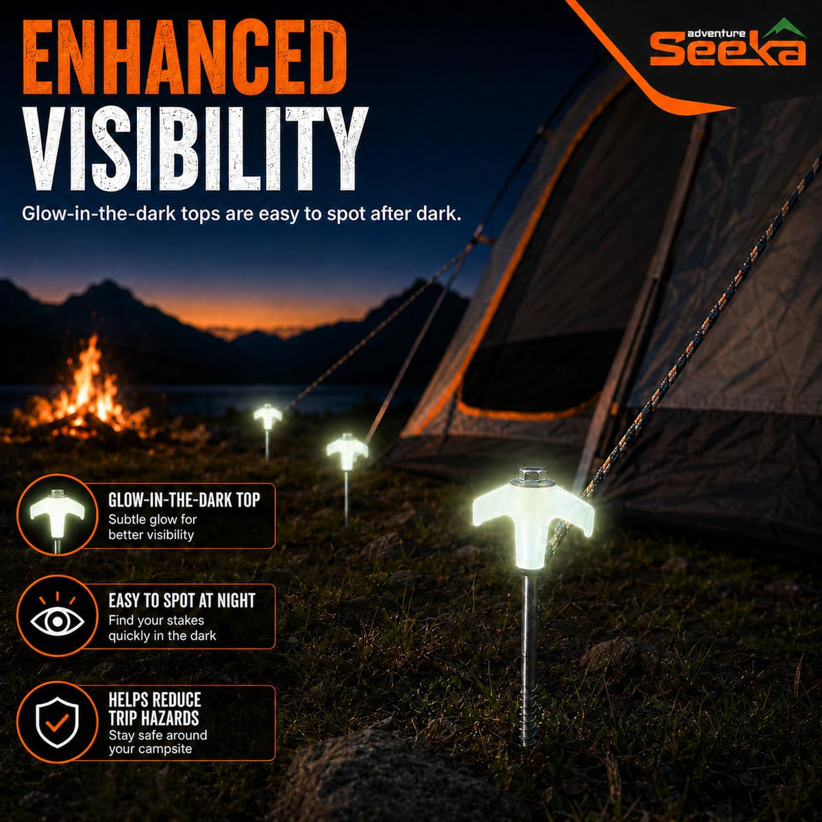Heavy Duty Screw Tent Stakes with glow-in-the-dark tops, enhancing visibility at night. Available at Curat Cart.