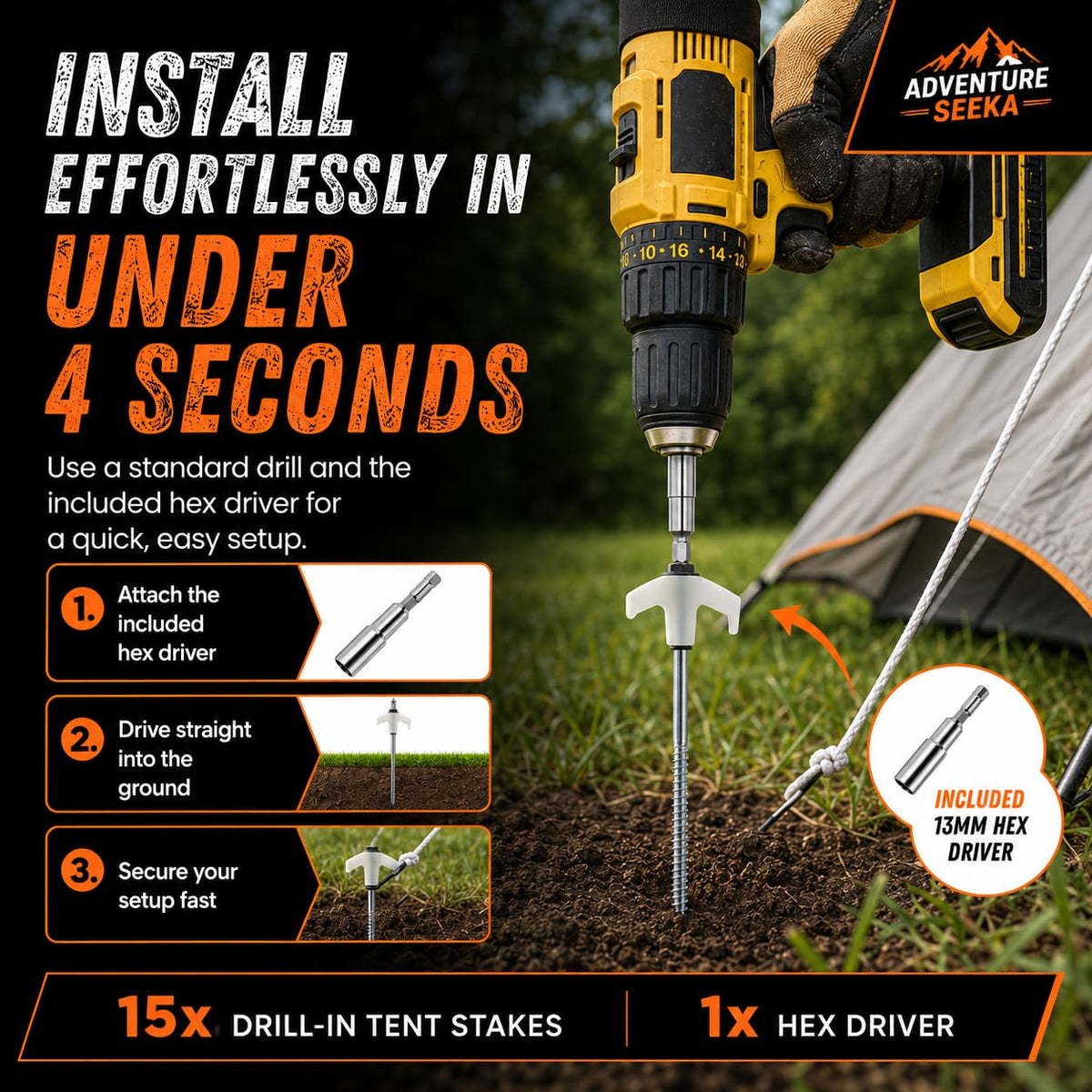 Discover heavy duty screw tent stakes by Adventure Seeka, 100% authentic and available at Curat Cart in India. Durable and easy to install.