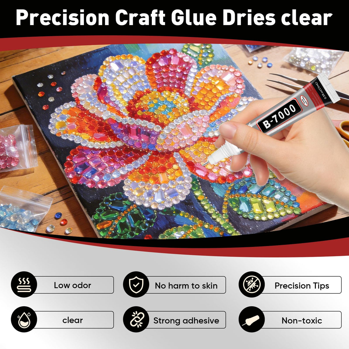 B7000 Rhinestone Glue Clear offers low odor, non-toxic precision for crafting. 100% Authentic, available at Curat Cart in India.