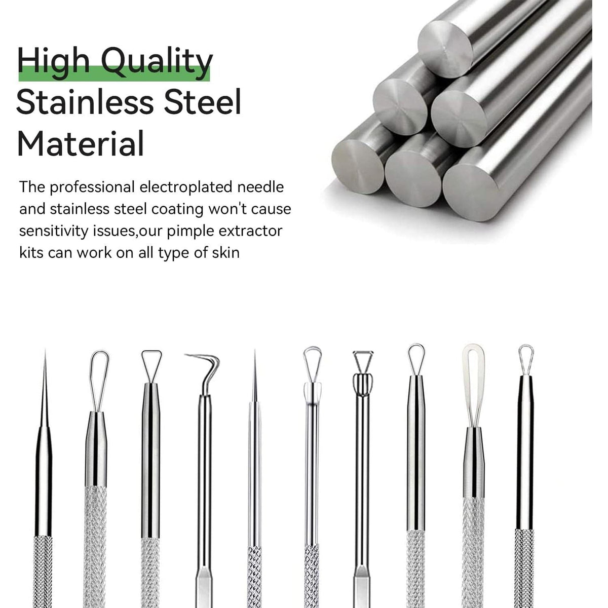 Discover our 100% genuine blackhead remover tool kit made of high-quality stainless steel for effective skin care.