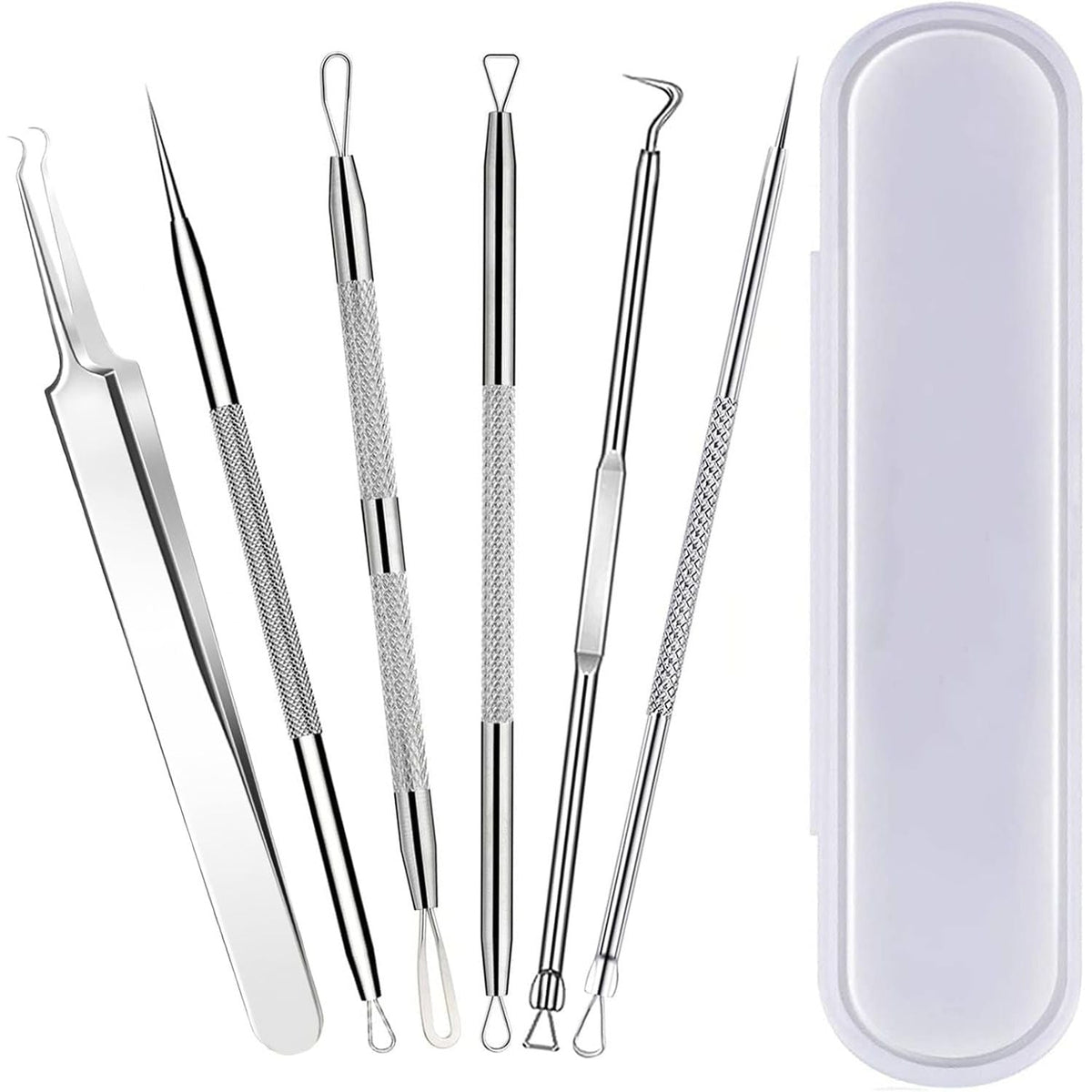 Explore the CuratCart Blackhead Remover Tool Kit, featuring six stainless steel tools in an elegant case for effective skincare.