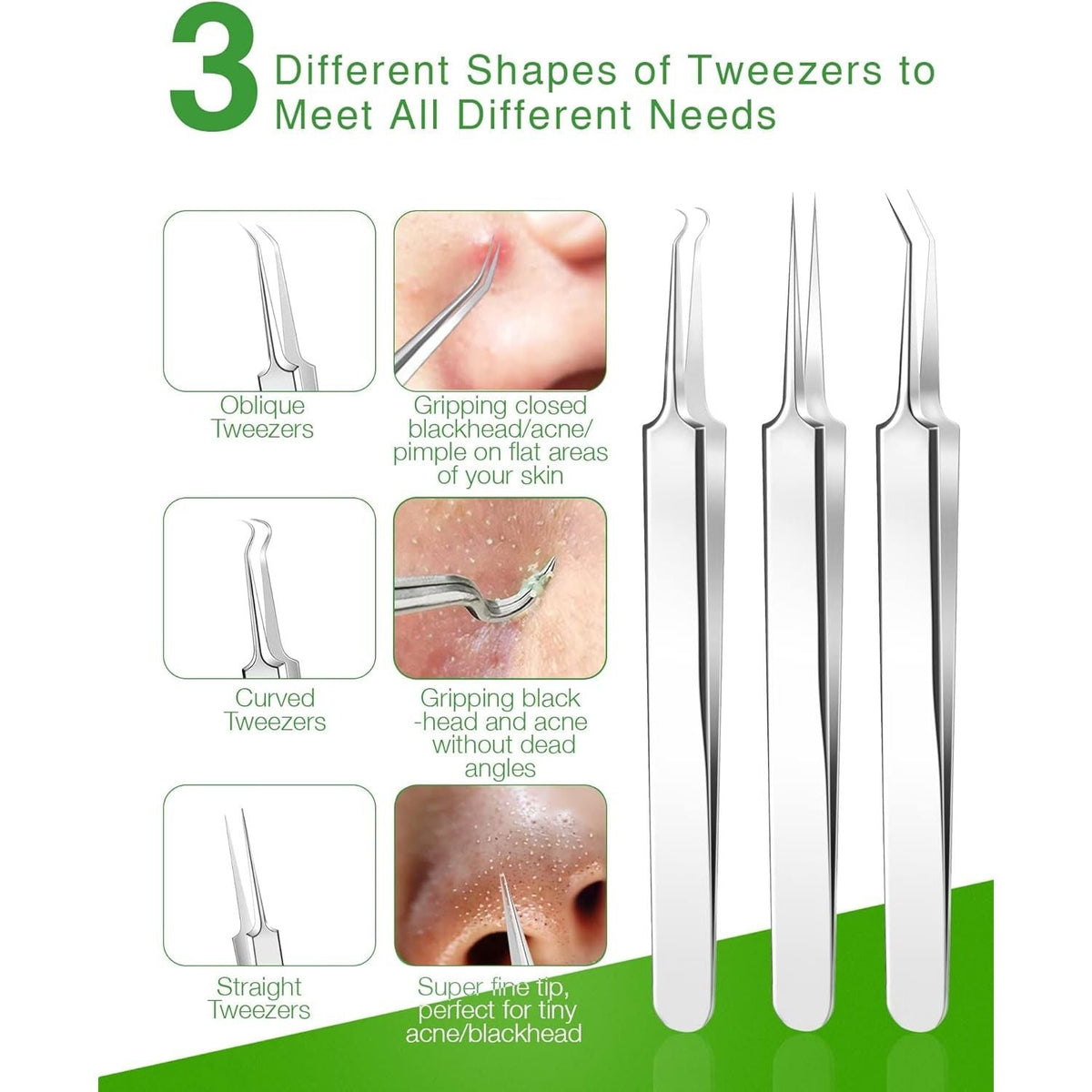 Premium imported blackhead remover tool kit featuring three unique shapes for effective acne and blackhead removal.