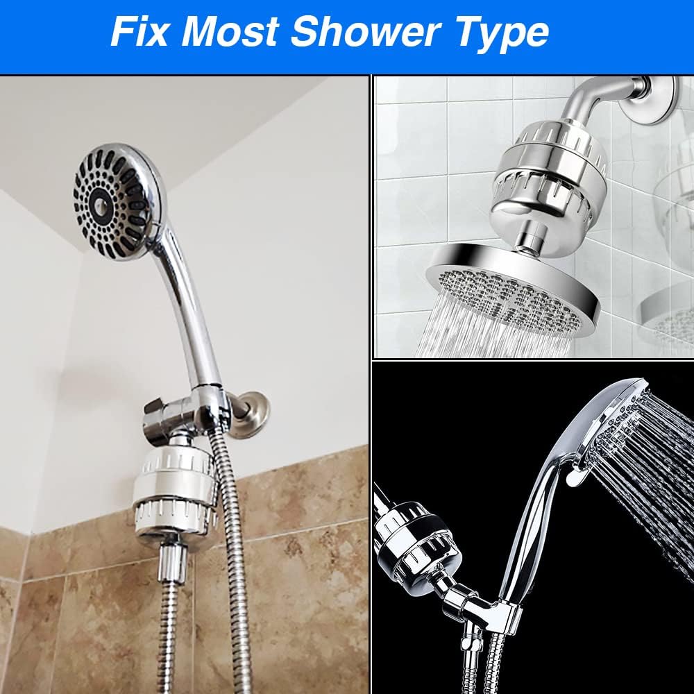 Shower head filter designed for hard water, featuring modern design and compatibility with various shower types.