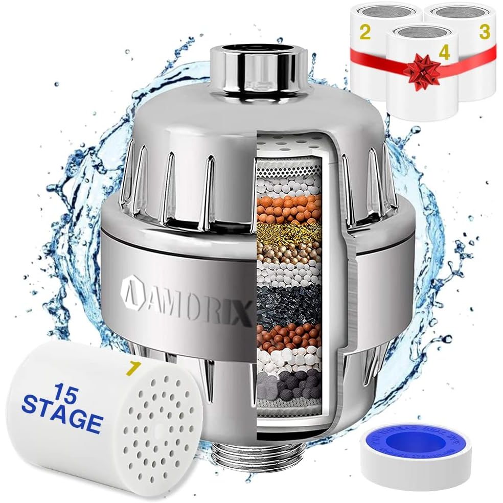 Shower head filter for hard water treatment, featuring 15-stage filtration. Available in India, order online for clean water.
